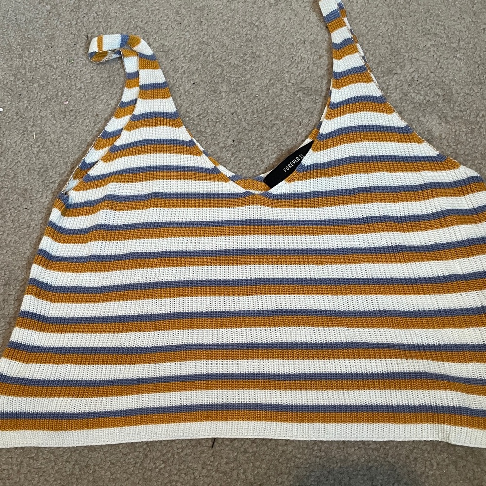 Forever 21 White, Mustard & Light Blue Striped Knit Tank